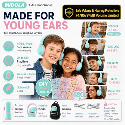 Kids Bluetooth Headphones Wireless 68 Hours,Safe Volume Limit 85/94dB | Adjustable Headband Foldable Over-Ear Lightweight Headsets for Toddler Girls Boys Tablet/iPad,HD Stereo,Built-in Mic,Cyan - color: Cyan