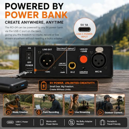 RO-04 Mic Preamp, 0~72db Adjustable Gain Boost,-120db EIN Ultra Low Noise, Studio Grade Performance with Hi-Z, 48V, HPF, Phase for Instrument & Microphone | Ultra Low Noise,Studio Grade Performance with Hi-Z, 48V, HPF, Phase for Instrument & Microphone