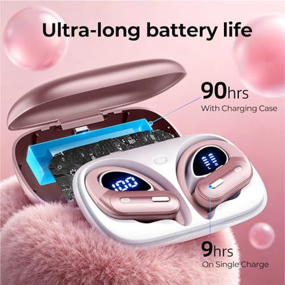 90H Playtime Wireless Earbuds Bluetooth 5.3, Over-Ear Sports Headphones with Secure Earhooks, Wireless Charging Case, LED Power Display, Waterproof Stereo Headset for Workout, Running