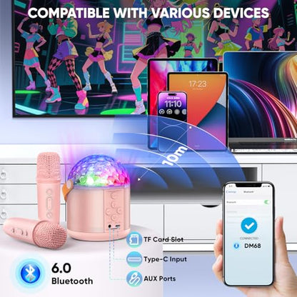 Mini Karaoke Machine for Teens Kids, Birthday Party Gifts Toys for Girl Ages 4 5 6 7 8 9 10 11 12+ Years Old, Portable Bluetooth Speaker with 2 Wireless Microphones and Disco Lights - color: Pink
