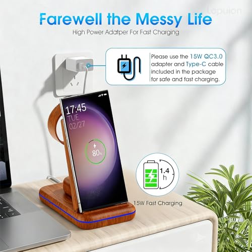 Wireless Charging Station for Samsung/Android, Fast Wireless Watch Charger Station Compatible for Samsung Galaxy S26 Ultra/S25/S24+/Z Flip 7/6 Fold 7/6, Watch8/7/Pro/Active 2 Galaxy Buds3/2 Pro(Wood) - color: Wood