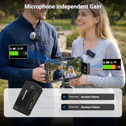 NEEWER CM26 Pro AI Wireless Microphone Compatible with iPhone Android Phone Camera PC, Lavalier Lapel Mic DSP/MCU Noise Cancellation Mute Gain Low Cut 48KHz/24Bit 88dB SNR 50H Battery 100m Range