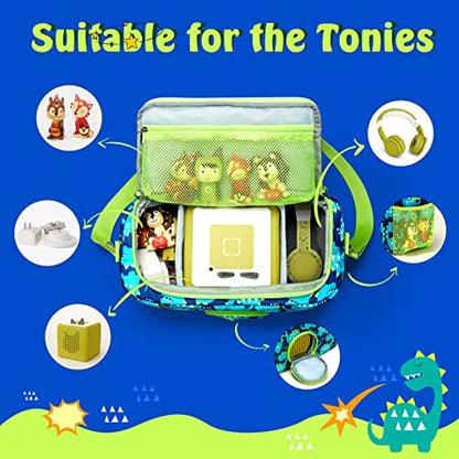 MaidMAX Portable Carrying Case for Toniebox Starter Set and Tonies Figures | Front Window Design Tonies Case with Adjustable Strap, Travel Carry Storage Bag, Waterproof, Green - color: Green-Dinosaur
