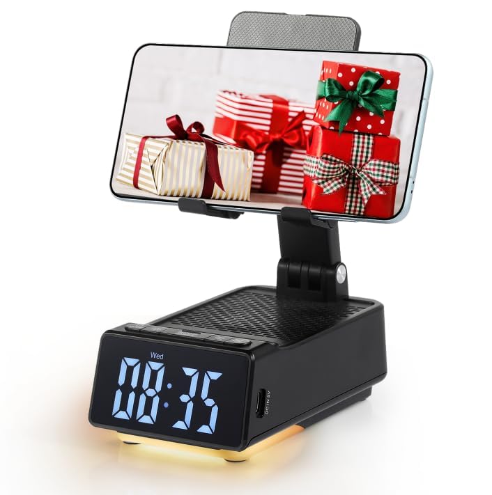 Birthday Gifts for Women Men, 7 in 1 Multi-Function Phone Stand with Bluetooth Speaker, Portable Charger Alarm Clock LED Light USB Playback Hands-Free Calling (Black) - size: F30