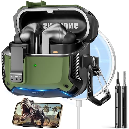 Safety Lock Case for Samsung Galaxy Buds3 FE/Pro/3 (Dark Green) | Compatible with MagSafe, with Phone Stand& Cleaning kit,Keychain, - color: Dark green