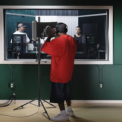 Microphone Isolation Shield with Stand Curved Panel, Foldable Mic Shield with Triple Sound Insulation, Studio Mic Sound Absorbing Foam Reflector for Sound Recording, Podcasts - size: Large