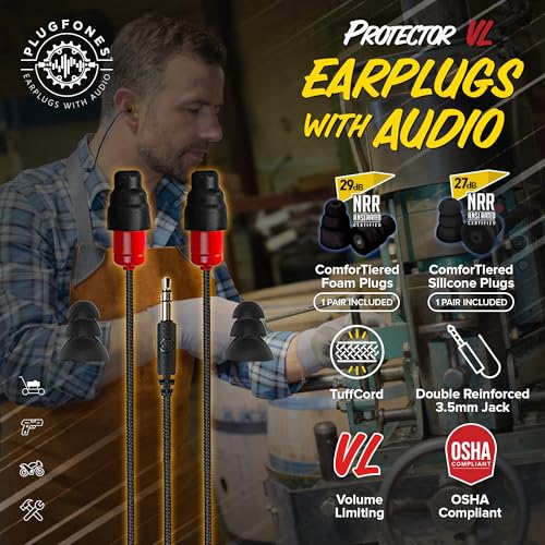 Plugfones Protector Volume Limited Audio Earbuds, OSHA Compliant Earplugs with Sound, Black & Red - color: Black & Red