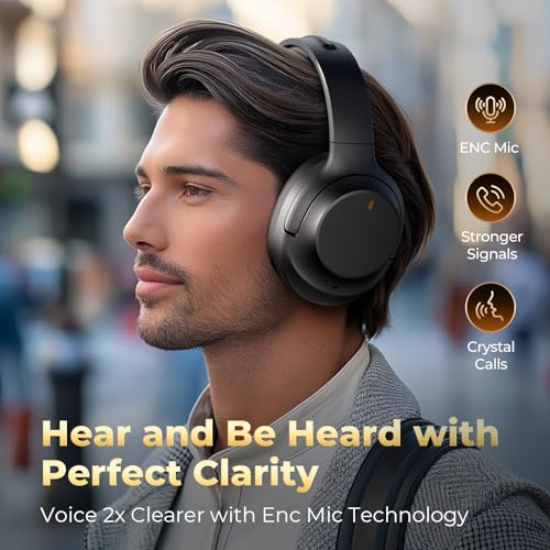 Active Noise Cancelling Headphones, Upgraded Wireless Bluetooth Headphones Over Ear with ENC Mic, HiFi Stereo Deep Bass, Noise Canceling Headphones Lightweight, BT 5.4, for Travel/Office/Home, Black - color: Black