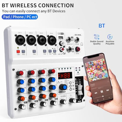 6-Channel Audio Mixer with 99 Sound Effects for PC,Portable Sound Mixing Console with BT USB Recording Input for Live Streaming,Podcasting,DJ Show