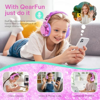 QearFun Kids Bluetooth Headphones, 60H Playtime, 74/85/94dB Volume Limit | For school, tablet, travel, kids wireless headphones feature HD mic, fast charging, foldable design, boys girls, wired mode - color: A-Purple