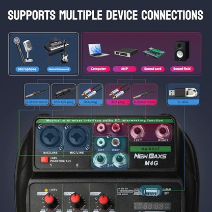 DJ Audio Mixer, DJ Mixers 4 Channel Sound Board with Bluetooth, NEW BAXS Sound Mixer Board XRL/1/4" Interface, USB/MP3 Computer Input 48V Phantom Power Stereo DJ Studio Streaming KTV Stage,Balck