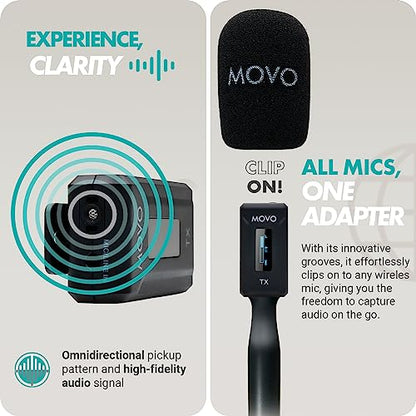 Movo WMX-2 Wireless Lavalier Microphone Lapel Mic with Charging Case and WMX-HM Handheld Adapter - Lav Mic, Lapel Microphone 2.4GHz for Camera, Vlogging, DSLR, and Content Creators - style: Camera Single