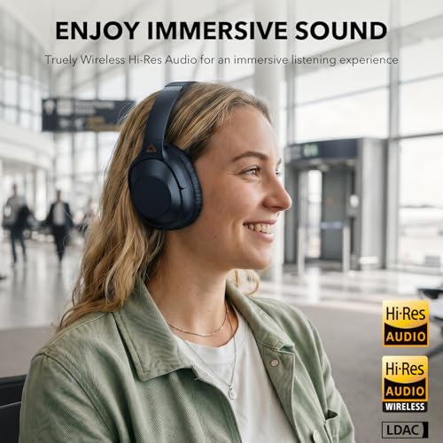 Bluetooth 6.0 Active Noise Cancelling Headphones for Airplane Travel, LDAC Hi-Res Audio, 90H Playtime Wired and Wireless ANC Headphones, Over Ear Headset for Home Office, Custom EQ via APP, Blue | LDAC Hi-Res Audio, 90H Playtime Wired and Wireless ANC Hea