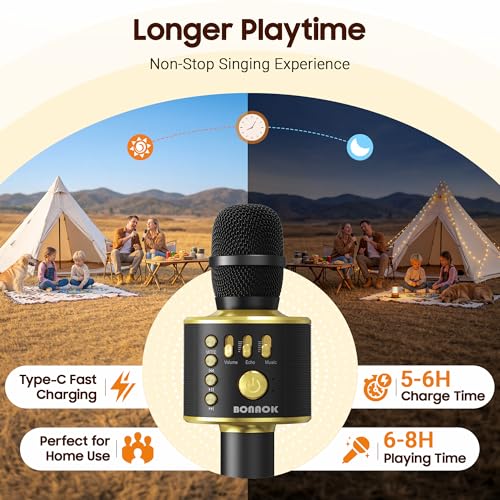BONAOK Wireless Bluetooth Karaoke Microphone, 3-in-1 Portable Handheld Mic Speaker Machine for All Smartphones, Gifts to Girls Boys Kids Adults All Age Q37(Black Gold) - color: Black Gold