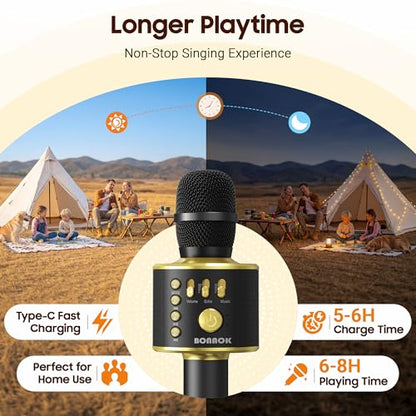 BONAOK Wireless Bluetooth Karaoke Microphone, 3-in-1 Portable Handheld Mic Speaker Machine for All Smartphones, Gifts to Girls Boys Kids Adults All Age Q37(Black Gold) - color: Black Gold