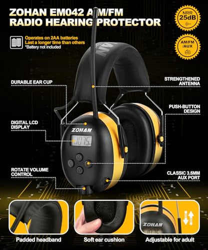 ZOHAN AM/FM Radio Headphone with Digital Display,Ear Protection Noise Reduction Earmuffs,Comfortable Hearing Protector - color: Yellow, style: Radio