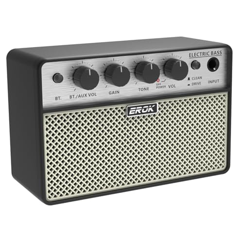 EROK BA-10B Mini Bass Amp, 10W Electric Bass Amplifier with Bluetooth 5.1 | Rechargeable 3000mAh Battery, Clean/Drive Modes, Headphone Output, AUX Input, Compact Practice Design