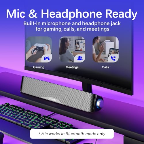 Nylavee Computer Speakers for Desktop PC, Bluetooth & AUX PC Sound Bar | 4-Driver Hi-Fi Stereo Sound, USB A/C Power, Built-in Mic and Headphone Jack, PC Speakers for Desktop, Laptop, Monitor - color: Black