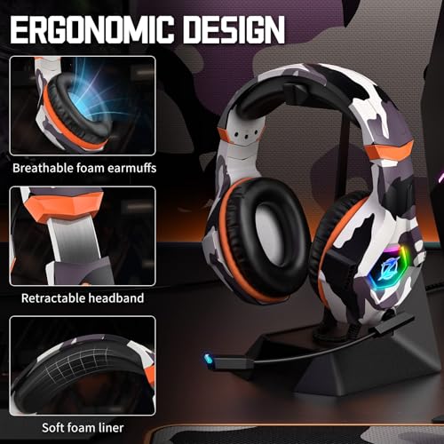 Ozeino Gaming Headset for PC, Ps4, Ps5, Xbox Headset with 7.1 Surround Sound, Gaming Headphones with Noise Cancelling Mic RGB Light Over Ear Headphones for Xbox Series X/S, Switch-Camo - color: Camo