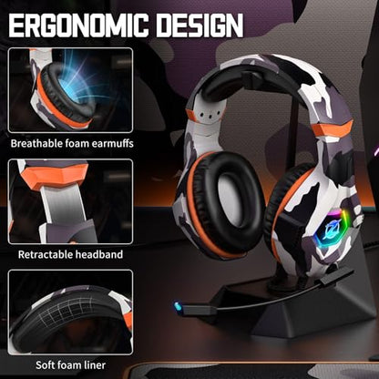 Ozeino Gaming Headset for PC, Ps4, Ps5, Xbox Headset with 7.1 Surround Sound, Gaming Headphones with Noise Cancelling Mic RGB Light Over Ear Headphones for Xbox Series X/S, Switch-Camo - color: Camo