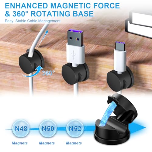 6pcs Magnetic Cable Clips, 360° Swiveling Adhesive Cable Organizer - Compact Cable Holder for Desk, Nightstand, Car, Kitchen & Home Office - Charger Cord Holder Solution by MarLigavid (Black)