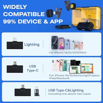 Wireless Lavalier Microphone Noise Cancelling for Android iPhone 15H Battery Life with Charging Case Lapel Micphone Wireless for Video Recording Podcast - size: USB-C&lightning