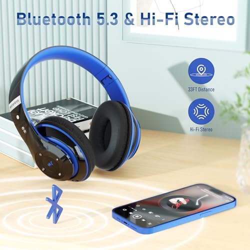 Bluetooth Headphones Over Ear, 6S Foldable Wireless Headphones with 6 EQ Modes, 40 Hours Playtime HiFi Stereo Headset with Mic, Soft Ear Pads, TF/FM for Cellphone/PC/Home (Black & Blue) - color: Black & Blue