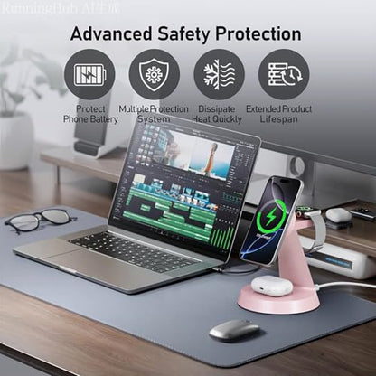 Charging Station 3 in 1 Wireless Charger for Apple Devices, 15W MagSafe Stand Compatible with iPhone 17 16 15 14 13 12 Pro Max Plus, Charging Dock for AirPods 4 3 2 & iWatch Series (Pink-1) - color: Pink-1