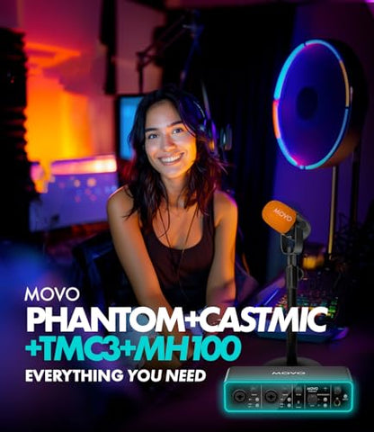 Movo Podcast Equipment Bundle for 2 with USB Audio Interface and 2 CastMic Dynamic Podcast Microphone Bundle with Mic Stands and Headphones for Podcasting, Streaming, and Musicians - Podcast Kit - style: with Desk Stands and Headphones