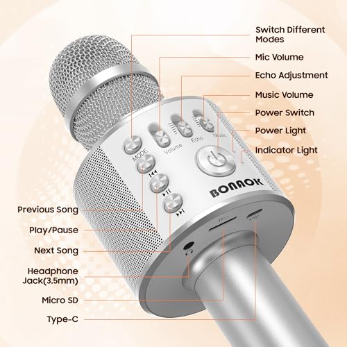 BONAOK Wireless Bluetooth Karaoke Microphone,3-in-1 Portable Handheld Mic Speaker for All Smartphones,Gifts for Kids Adults All Age Q37(Silver) - color: Silver
