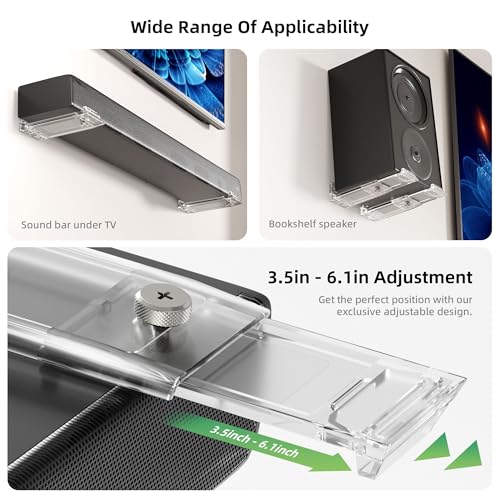 Soundbar Wall Mount Bracket for Samsung, LG, Sony, JBL, Vizio, Sonos and More, Depth Adjustable 3.5”-6.1”,Hold up to 30 Lbs,Soundbar Shelf Under TV, Clear - color: Clear