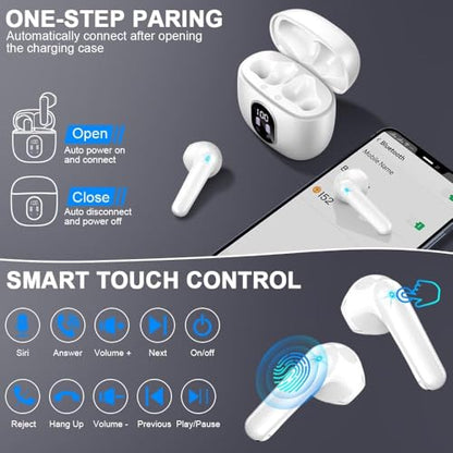 Wireless Earbuds, Bluetooth 5.4 Headphones 50H Playback Bass Stereo Ear Buds with 4 ENC Cancelling Mics, in-Ear Earphones with LED Display, IP7 Waterproof USB-C for Laptop Pad Phones Workout Rose Gold - color: pure white