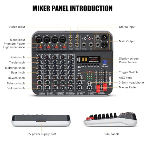 Audio Mixer, TKLBLS Studio Audio Sound Mixer Board, 6 Channel Unpowered Recording Mixers w/USB Audio Interface, DJ Mixer with 48V Phantom Power for KTV, Live Shows, Streaming, Conferences