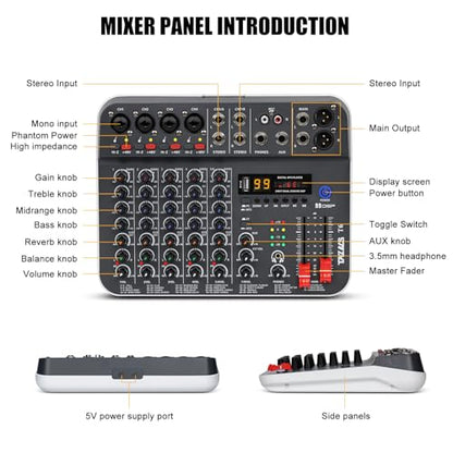 Audio Mixer, TKLBLS Studio Audio Sound Mixer Board, 6 Channel Unpowered Recording Mixers w/USB Audio Interface, DJ Mixer with 48V Phantom Power for KTV, Live Shows, Streaming, Conferences
