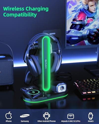 Headphone Stand, Dual Controller Holder, MagSafe Charger for iPhone/iWatch | RGB Gaming Headset Stand for All Headphones, Dual Outputs, ABS Solid Base, Adapter Included, Table Desk Organizer - color: Black with RGB