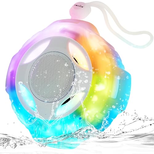comiso Bluetooth Shower Speaker, IPX7 Waterproof Speaker with Robust Bass | Portable Speaker with LED Light, Floating, Stereo Sound, 2000mAh, Lanyard, Great for Kayak, Travel, Beach, Gift for All Ages - color: Crystal