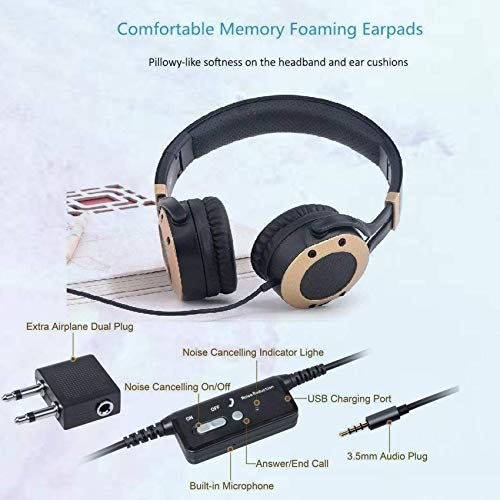 MONODEAL Active Noise Cancelling Headphones with Microphone | with Airplane Adapter, Folding and Lightweight Travel Headsets, Hi-Fi Deep Bass Wired Headphones with Carrying Case