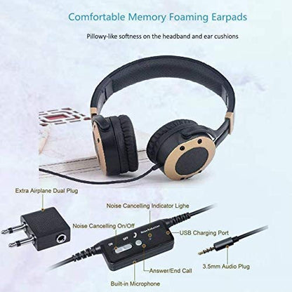 MONODEAL Active Noise Cancelling Headphones with Microphone | with Airplane Adapter, Folding and Lightweight Travel Headsets, Hi-Fi Deep Bass Wired Headphones with Carrying Case