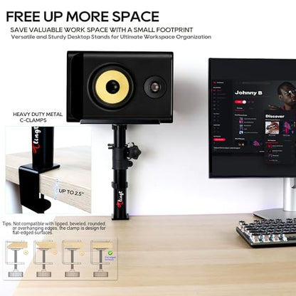 Tlingt Clamp-on Desktop Speaker Stand Pair, Height & Tilt Adjusts | Heavy-duty 6.7"x7.9" Metal Tray, ±10° Tilt, Desk Mount Set, Fits 3"-4" Monitor & Bookshelf Speakers - size: For 3"- 4" Speaker