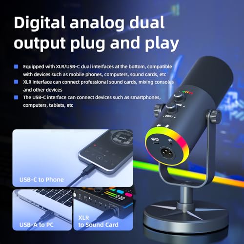 USB/XLR Desktop Dynamic Microphone with RGB Lighting, Noise Reduction, Mute Button & Headphone Jack - Podcast, Gaming, Streaming Mic for PC & Computer (Black) - color: Black