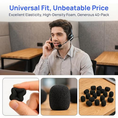 40 Pack Microphone Windscreen Foam Covers, Black Mic Foam Covers for Lavalier Microphones, Headset Mic Covers, Small Microphone Sponge Wind Covers for Noise Reduction and Dust Protection