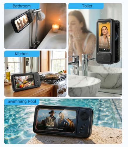 Shower Phone Holder with Bluetooth Speaker IPX6 Waterproof | 6-12H Playtime High-Sensitivity Touchscreen Rich Bass Sound Quality No-Drilling 360° Wall Mount for Bathroom Bathtub Kitchen - color: Charcoal gray