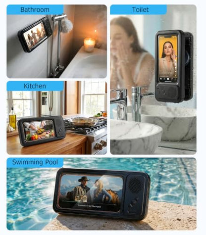 Shower Phone Holder with Bluetooth Speaker IPX6 Waterproof | 6-12H Playtime High-Sensitivity Touchscreen Rich Bass Sound Quality No-Drilling 360° Wall Mount for Bathroom Bathtub Kitchen - color: Charcoal gray