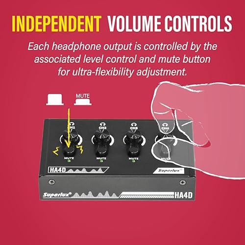 Superlux HA4D 4-Channel Headphone Amplifier, USB-C Power, Volume and Mute | For podcasts, classrooms and group recording; 4 independent 3.5mm outputs with volume and mute controls plus USB-C power.