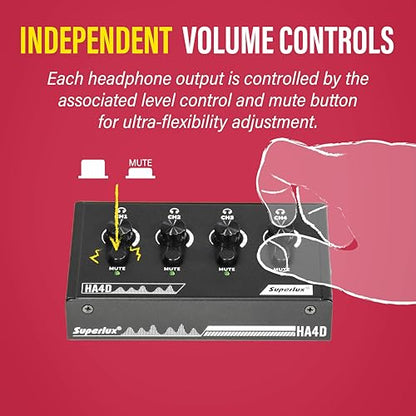 Superlux HA4D 4-Channel Headphone Amplifier, USB-C Power, Volume and Mute | For podcasts, classrooms and group recording; 4 independent 3.5mm outputs with volume and mute controls plus USB-C power.