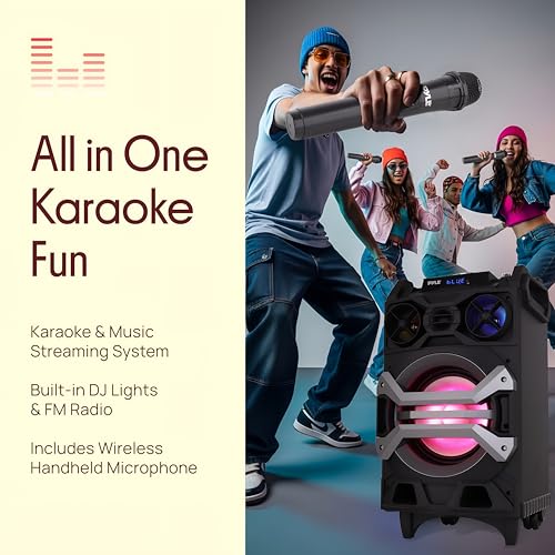 Pyle 500 Watt Portable BT Connectivity Karaoke Speaker System - PA Stereo with 8" Subwoofer, DJ Lights Rechargeable Battery Microphone, Recording Ability, MP3/USB/SD/FM Radio - PWMA325BT