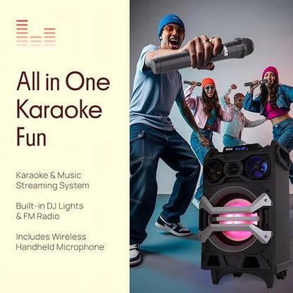 Pyle 500 Watt Portable BT Connectivity Karaoke Speaker System - PA Stereo with 8" Subwoofer, DJ Lights Rechargeable Battery Microphone, Recording Ability, MP3/USB/SD/FM Radio - PWMA325BT