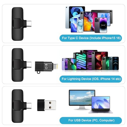 Wireless Microphone for iPhone 15 16，iPad, Android, Lavalier Microphone for Video Recording, Noise Reduction, Clip on Mini Mic for Tiktok, YouTube, Vlog, Podcast, ASMR - style: Lightning+USB C+USB A