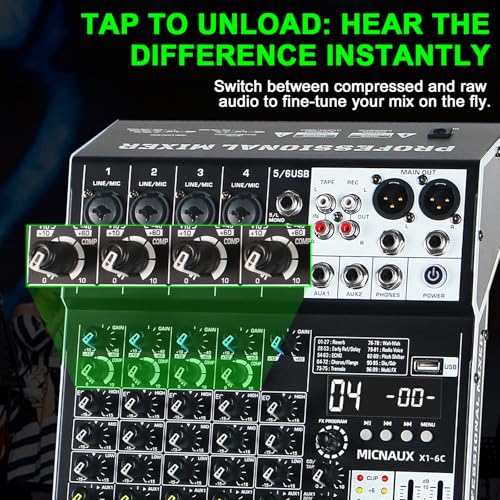 Audio Mixer 6 Channel Professional Sound Mixer Console with 99 DSP Effects, Mixing Board DJ Mixer w/USB, Bluetooth, 48V Power Supply, PAD Button for Recording Karaoke PA Drum Live Music