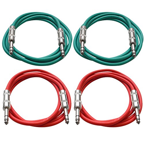 Seismic Audio - SATRX-2-4 Pack of 2' 1/4" TRS to 1/4" TRS Patch Cables - Balanced - 2 Foot Patch Cord - Green and Red - color: Green and Red